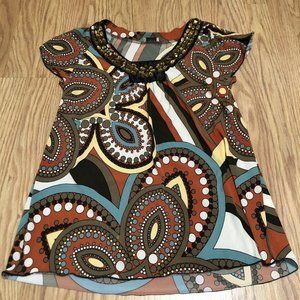 cdw designs blouse top short sleeve boho beaded Festival neck line size Medium M